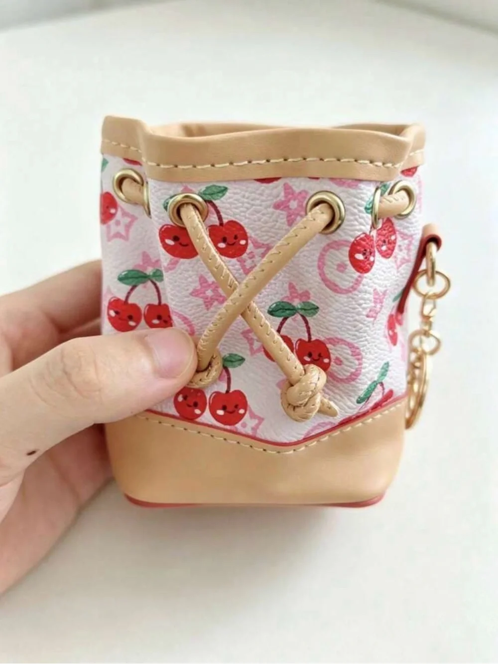 Keychain/Bag Charm Cherry Print Mini Drawstring Bucket Bag - Pink/Beige